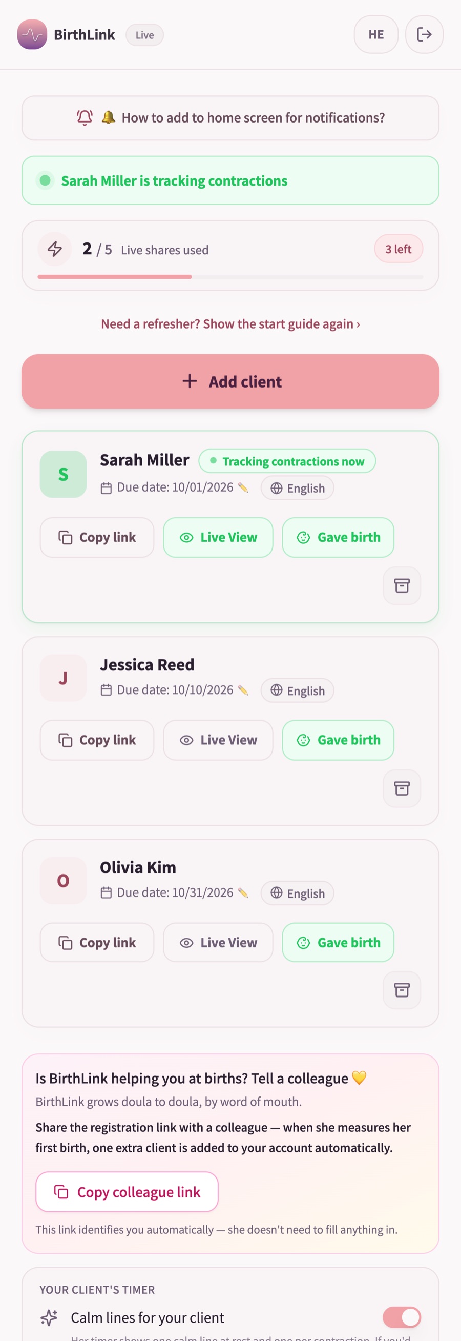 BirthLink doula dashboard with three clients, one of them tracking contractions now, and Copy link, Live View and Gave birth buttons for each
