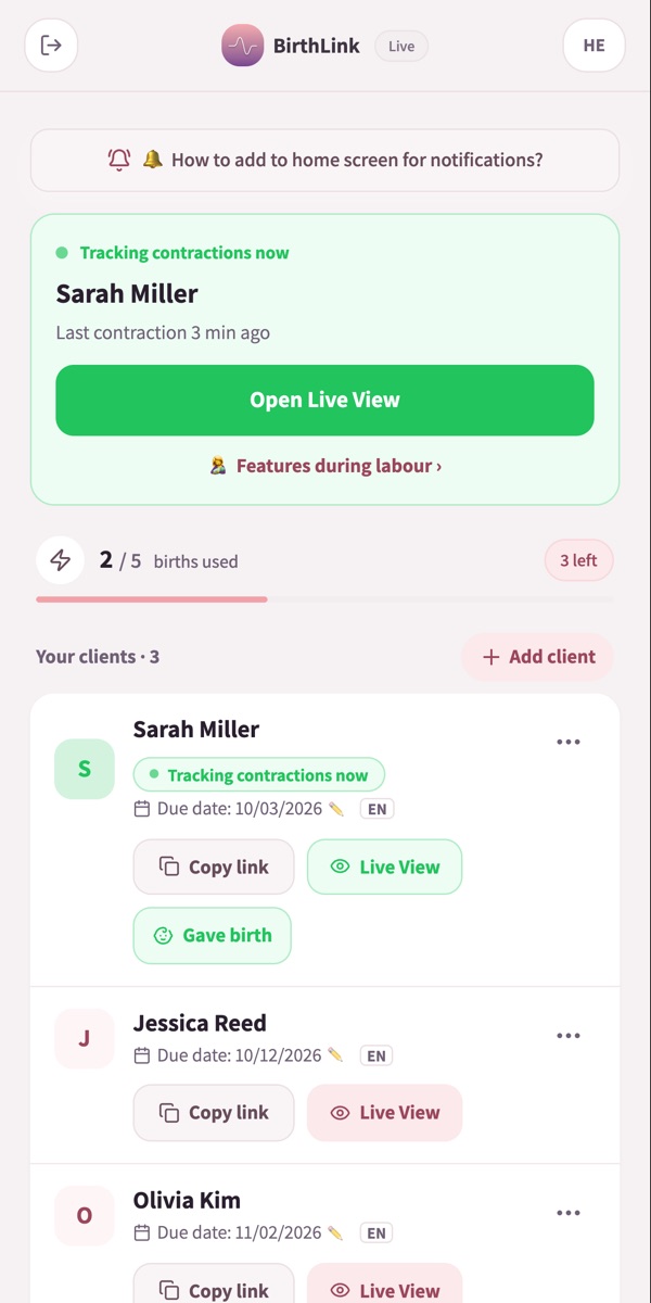 The doula dashboard, with a client timing now